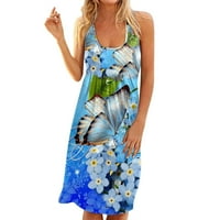 Lovskoo mini рокли за жени летни бохо рокли печат ежедневни без ръкави ваканционни плаж тъмно синьо