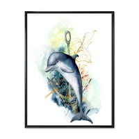Линейни Коралов Риф растения и делфини костенурка котва рамка живопис платно изкуство печат