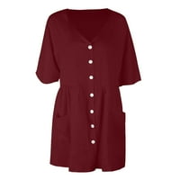 Strungten Women's Fashion Casual V-Neck Solid Short Loweve Button Pocket Кратка рокля Макси рокля за жени