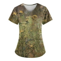 Блуза с къси ръкави работни дрехи флорални върхове v-образно лято за жени армия зелено l