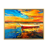 Червени и бели лодки до кея на оживен Залез рамка живопис платно изкуство печат