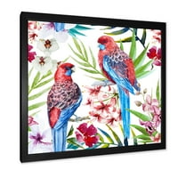 Дизайнарт 'Розела Птици, Седящи На Цветя Клон Дърво' Традиционна Рамка Арт Принт
