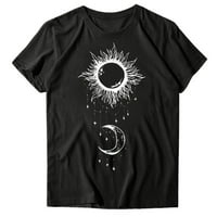 Тениски на лабакиха и nbsp; за жени жени Sun Moon Star Print Тениска блуза O шия с къс ръкав тениска тениска черна