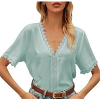 Женски шифон дантелена блуза лято нова ежедневна култура v-образни върхове свободни ризи за годни ризи ваканция за ваканция синьо