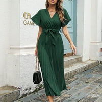 Дамски рокли клирънс в-Деколте макси мода а-линия флорални къс ръкав лятна рокля зелен ШЛ