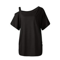 Gotyou Spring Tops Женска летна тениска небрежна къса ръкав Асиметричен плътно цвят свободен връх Черно m