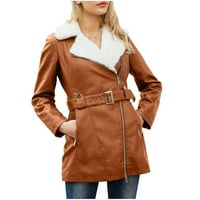 Dianli Womens Coats дълъг ръкав крило яка Женски топли цип джобове яке Slim Winter Parkas Fau Leather Cootless и колан със солидно яке в продажба