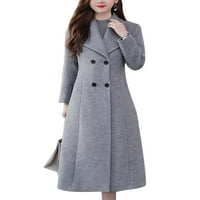 Glookwis жени вълнено грахово палто с дълъг ръкав Елегантни тренч палта Notch Lapel Holiday Compoats Double Breated Travel Grey XL